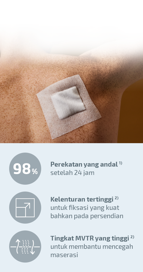 Tampak dekat dari dressing Hypafix yang memfiksasi kasa pada persendian dan gambar yang memperlihatkan keunggulan Hypafix: perekatan yang andal, kelenturan optimal, tingkat MVTR yang tinggi. Tampak dekat dari dressing Hypafix yang memfiksasi kasa pada persendian dan gambar yang memperlihatkan keunggulan Hypafix: perekatan yang andal, kelenturan optimal, tingkat MVTR yang tinggi.
